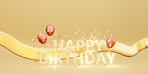 Happy birthday message background image with balloons and ribbons 3D illustration