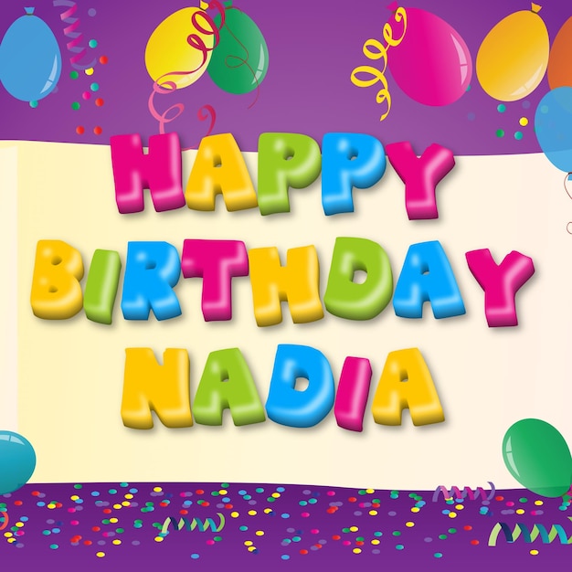 Happy Birthday Nadia Gold Confetti Cute Balloon Card Photo Text Effect