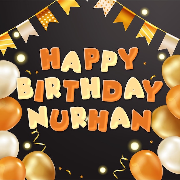 Happy birthday nurhan gold confetti cute balloon card photo text effect