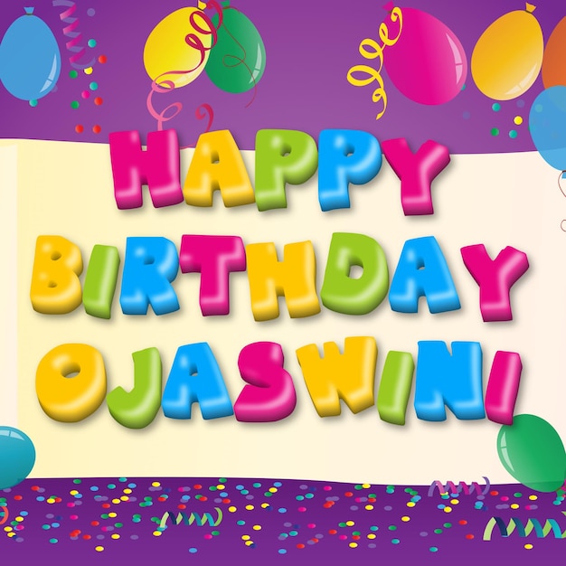 Happy birthday ojaswini gold confetti cute balloon card photo text effect