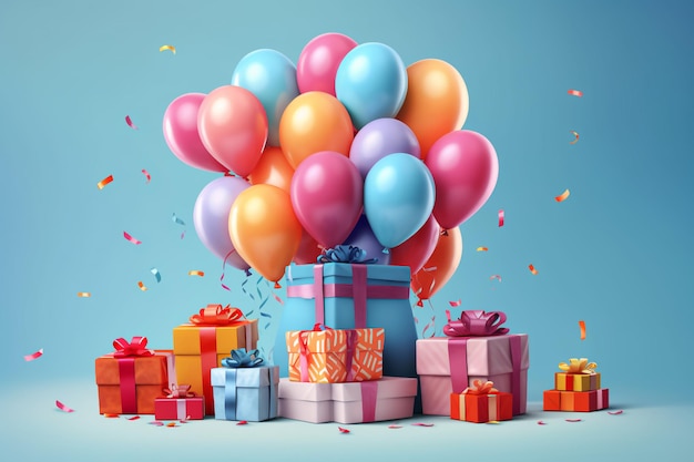 happy birthday poster with balloons and gift box background generative ai