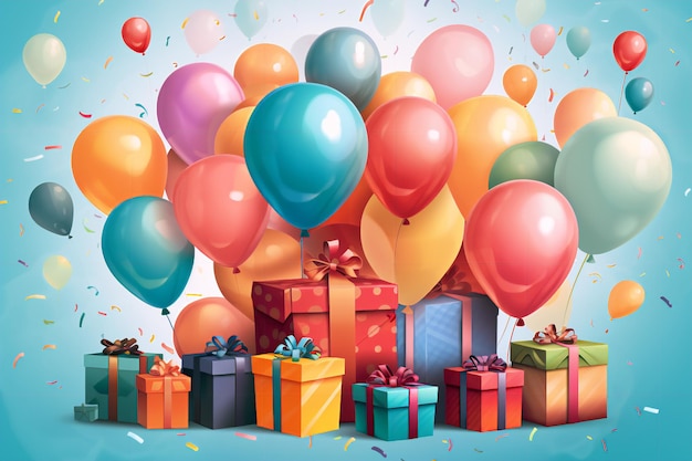 happy birthday poster with balloons and gift box background generative ai