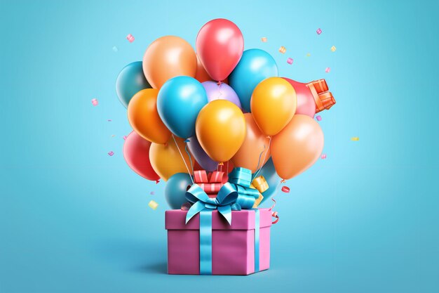 happy birthday poster with balloons and gift box background generative ai