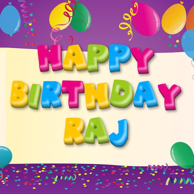 Happy Birthday Raj Gold Confetti Cute Balloon Card Photo Text Effect