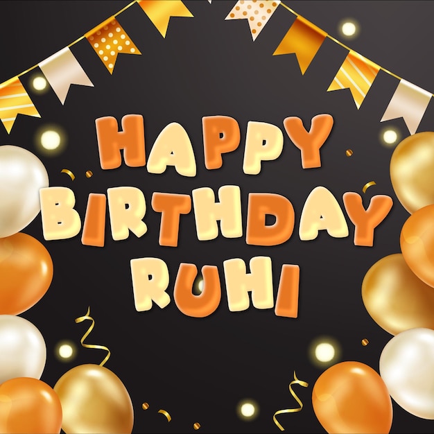 Happy Birthday Ruhi Gold Confetti Cute Balloon Card Photo Text Effect