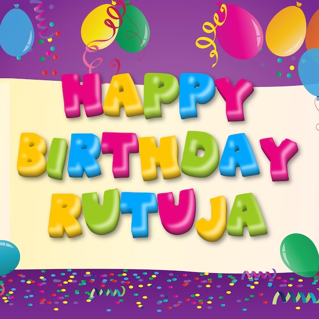 Happy Birthday Rutuja Gold Confetti Cute Balloon Card Photo Text Effect