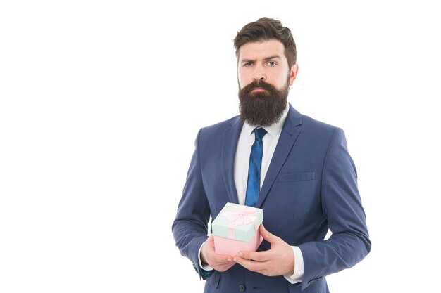 Happy birthday shopping boxing day Delivery company business serious businessman in formal suit on party success and reward bearded man hold valentines present copy space Quality service