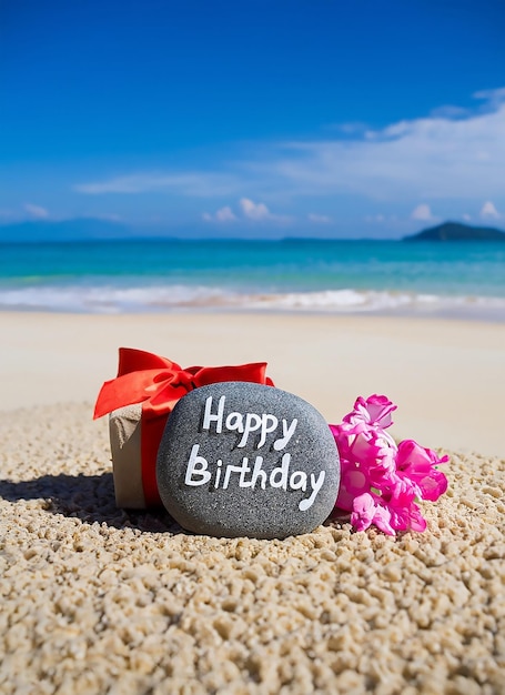 Foto pietra di buon compleanno su una spiaggia di ciottoli di fronte alla festa di compleanno del mare in vacanza