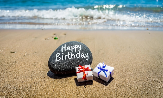 Happy Birthday stone on a pebble beach front of the sea birthday celebration on vacation