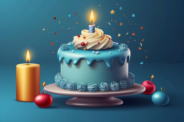 생일 축하 템플릿 3D 귀여운 케이크와 파란색 배경에 불을 가진 소년 생일 인사 카드 생일 기념 파티 이벤트