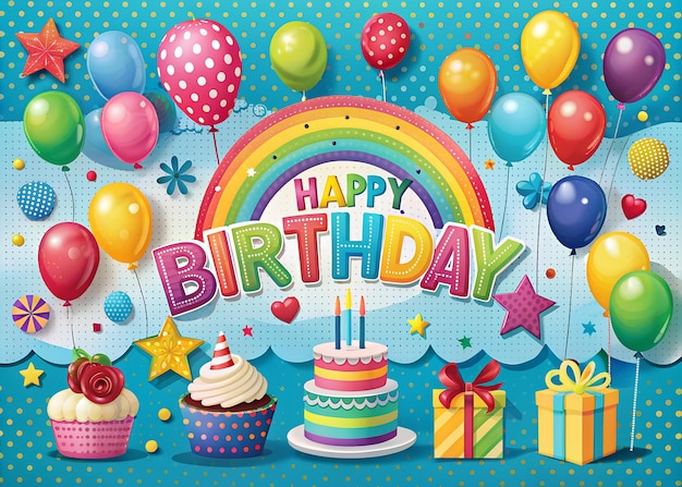 happy birthday text bold with balloons and cake
