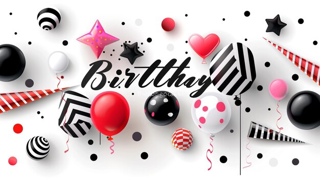 Foto happy birthday typography design vettoriale a colori neri con elemento di festa di compleanno