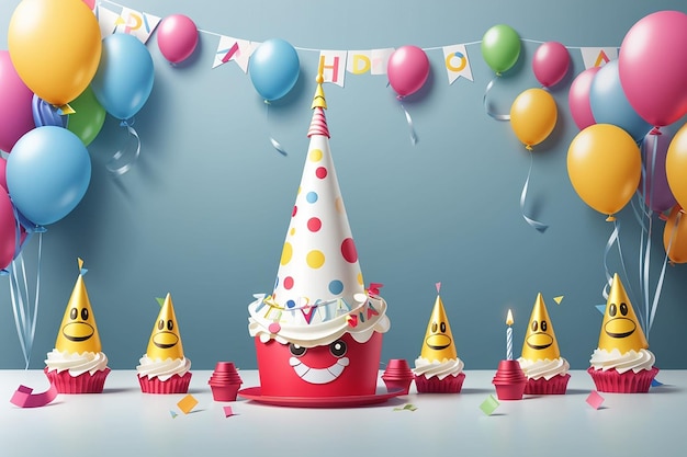 Happy birthday vector design with smileys wearing birthday hat in white empty space for message and text for party and celebration Vector illustration