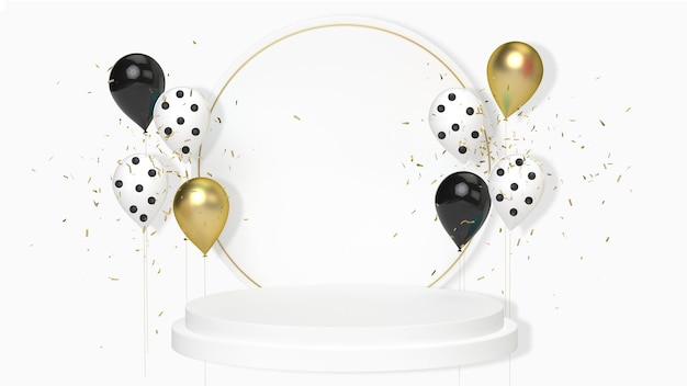 Happy birthday  white background with luxury balloons and confetti