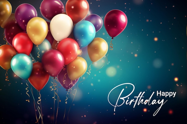 Photo happy birthday with balloon and cake background