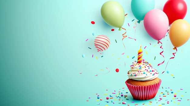 Happy birthday with celebrating elements like cup cake balloons and sprinkles Generative Ai