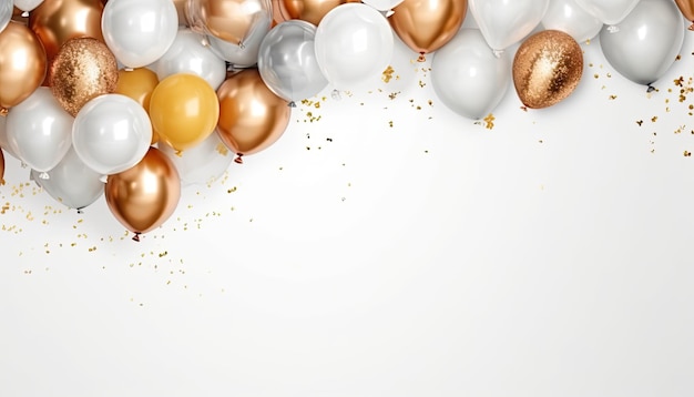 happy birthday with luxury balloons and confetti golden white background