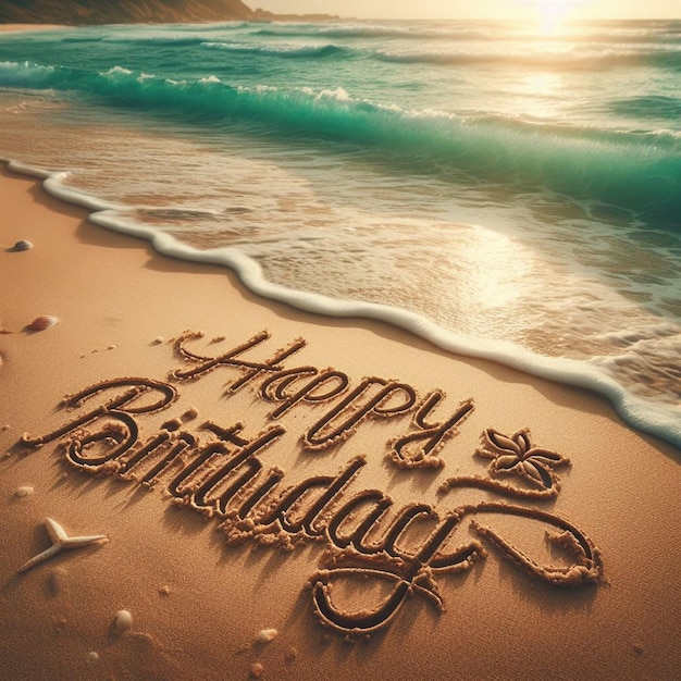 a happy birthday written in the sand on a beach