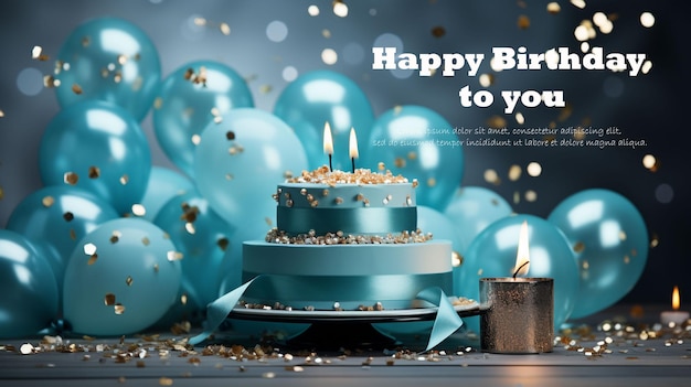 풍선, 콘페티, 생일 모자 및 파란색 생일 케이크를 가진 배경으로 생일 축하합니다.