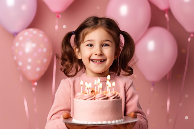Photo happy birthday young little girl holding up gift