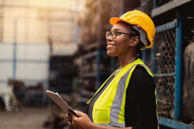 Le lavoratrici felici dell'ingegnere nero africano si divertono a lavorare nell'industria della fabbrica