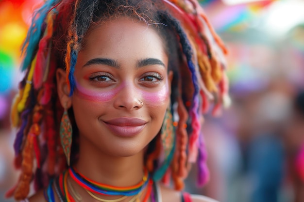 happy black bisexual lesbian young woman in street LGBT parade pride in summer festival