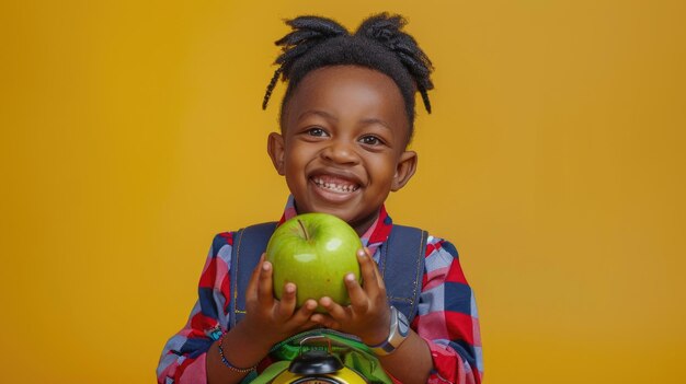 Happy black boy 3 student with apple bag clock