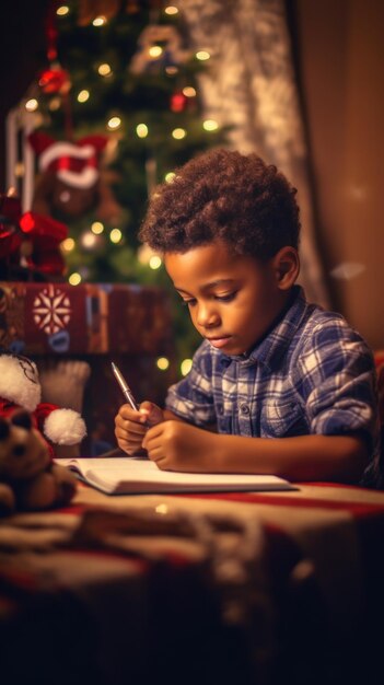 Happy black boy writing letter to Santa Claus at home