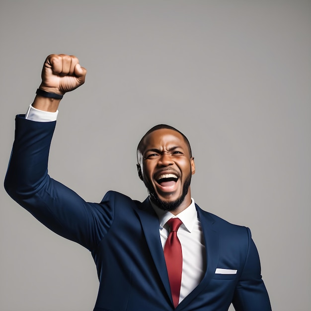 Счастливый чернокожий бизнесмен поднимает кулак в воздух за победу