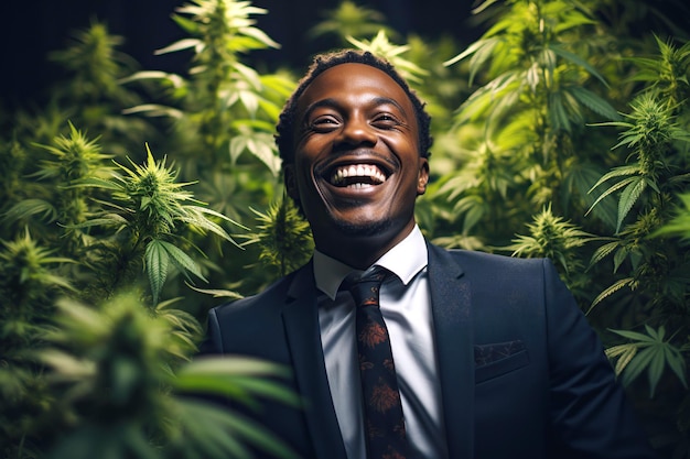 幸せな黒人実業家の男が茂みとマリファナ大麻作物のあるプランテーション畑で笑う