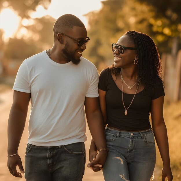 Photo happy black couple holding hands walking together