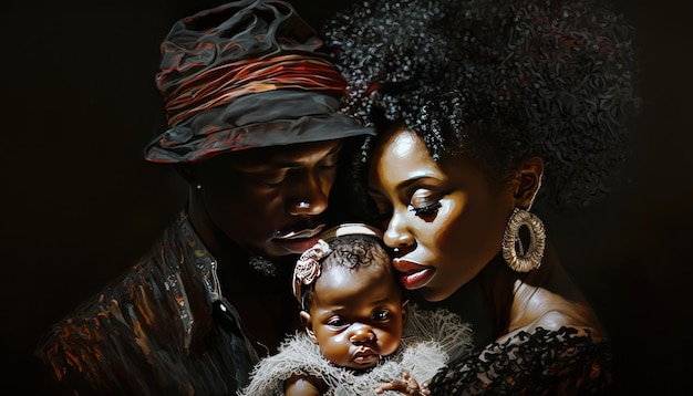 happy black couple holding a newborn black baby dark background generative ai