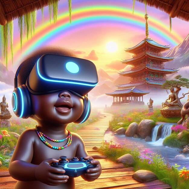 Photo happy black dag wearing a vr headset in a shangrila with a rainbow digital art