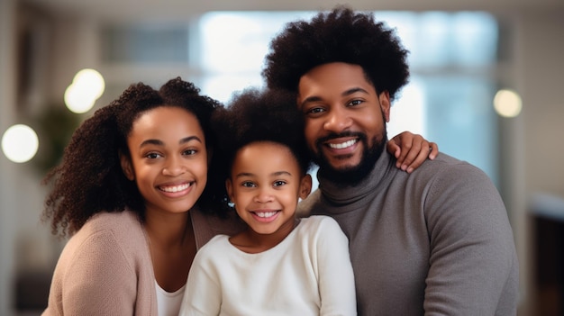 Счастливая черная семья на размытом фоне гостиной