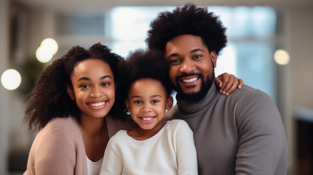 Happy black family on blurred background of living room