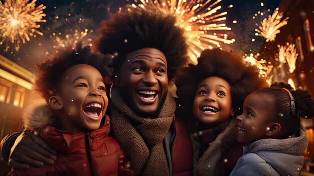 Happy black family watching fireworks and Christmas tree at night New Year celebration concept