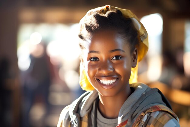 Happy Black Girl on a blurred background in a school