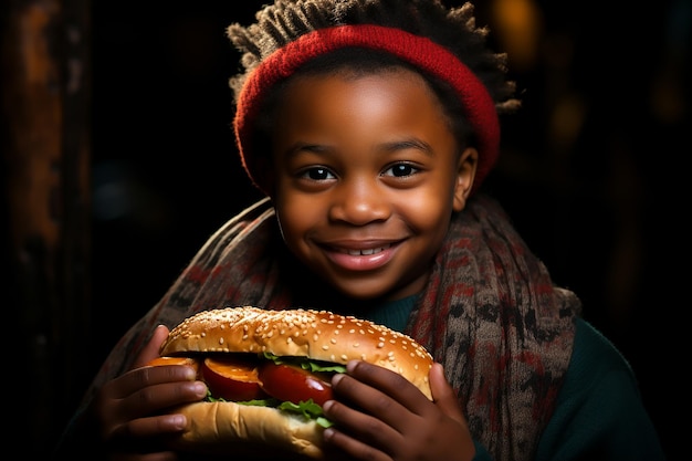 Foto una ragazza nera felice con un hamburger in mano