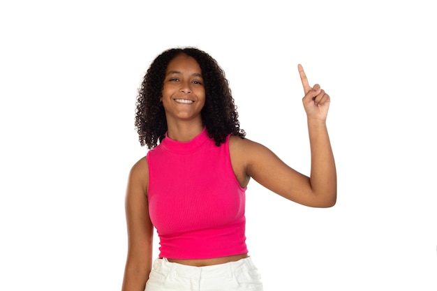 Happy black girl pointing at copy space