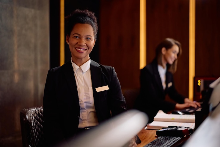 Photo happy black hotel manager at reception desk looking at camera