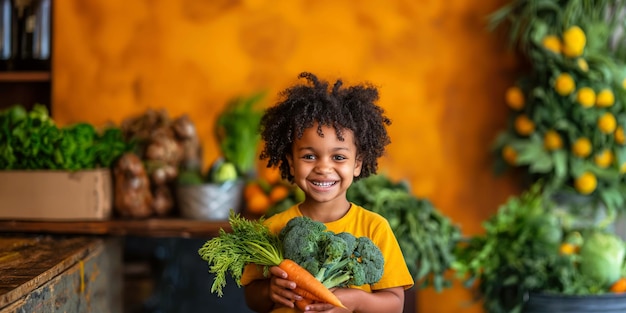 happy black kid boy child hold in hands a harvest of vegetables