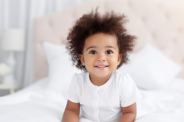 Photo happy black little baby girl sitting on bed