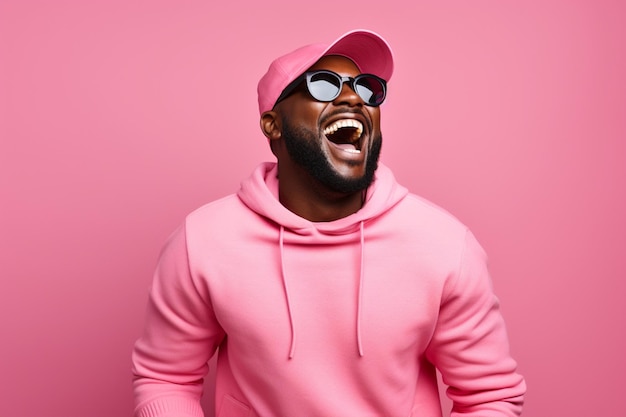Happy black man in beanie an sunglasses rejoicing dancing with happy face standing over pink backgro
