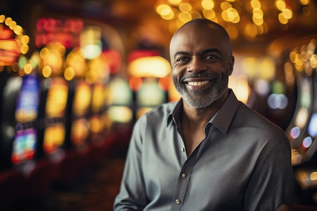 Happy black man at casino slot machines enjoying nightlife lifestyle