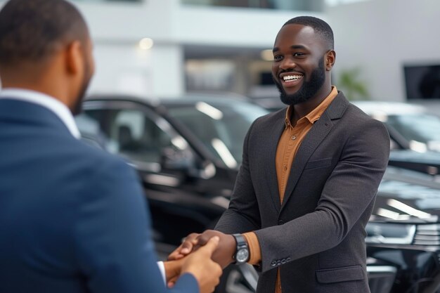 Photo happy black man shaking hands with salesperson after buying new car in showroom