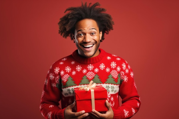 Happy black man wearing in ugly Christmas sweater with red gift Ugly sweater Day Generative AI