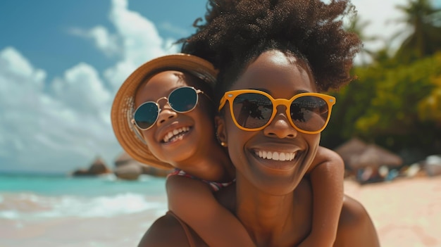 Счастливая черная мать и дочь играют на пляже с солнцезащитными очками.