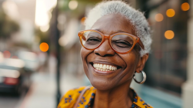 Happy black old lady in glasses with a wide smile on the street An older woman walks in retirement