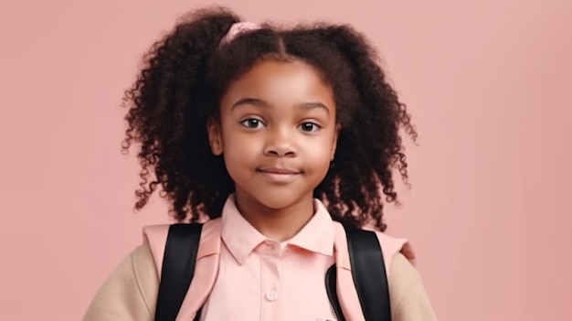 Happy black pupil child with backpack and workbooks and apple lunch in uniform School girl student banner Schoolgirl portrait with copy space Generative Ai