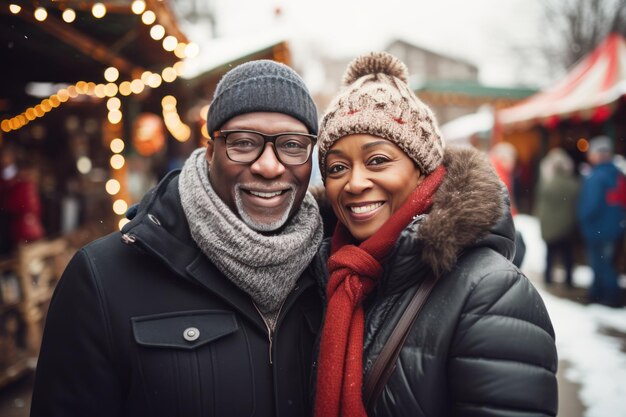 Happy black senior couple woman and man smiling walk outside Christmas Fair Decorated city lights garland